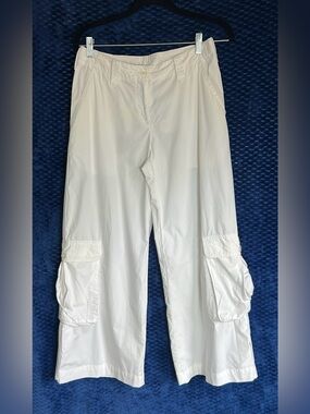 Newport News Women s6 Y2K Cargo  Pants White Cotton Wide-Leg Pockets Button Zip